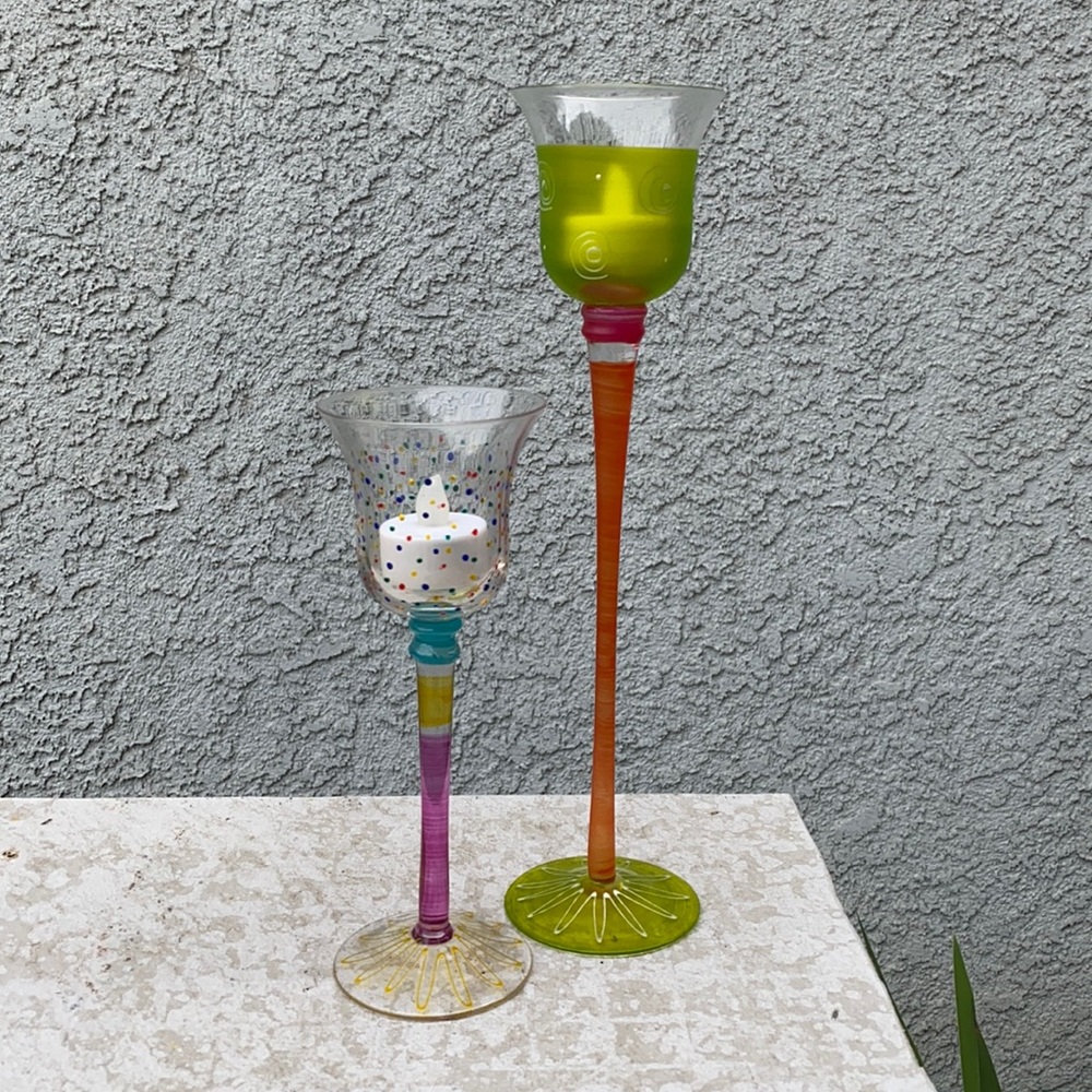 Unique Abstract Art Tea Light Candle Holders Set 2pc Tall Home Decor Glass